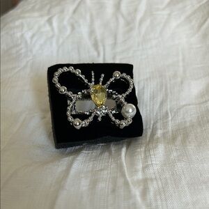 Yellow and Silver Rhinestone Butterfly Ring